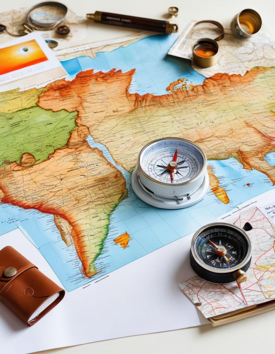 A picturesque travel scene showcasing a beautifully laid out map with essential trip planning tools like a compass, a notebook with travel tips, a camera, and postcards. Surrounding the map, vibrant images of famous landmarks, tropical beaches, and mountain adventures to evoke excitement for travel. A serene sunset in the background adds warmth and inspiration. Painting. vibrant colors. white background.