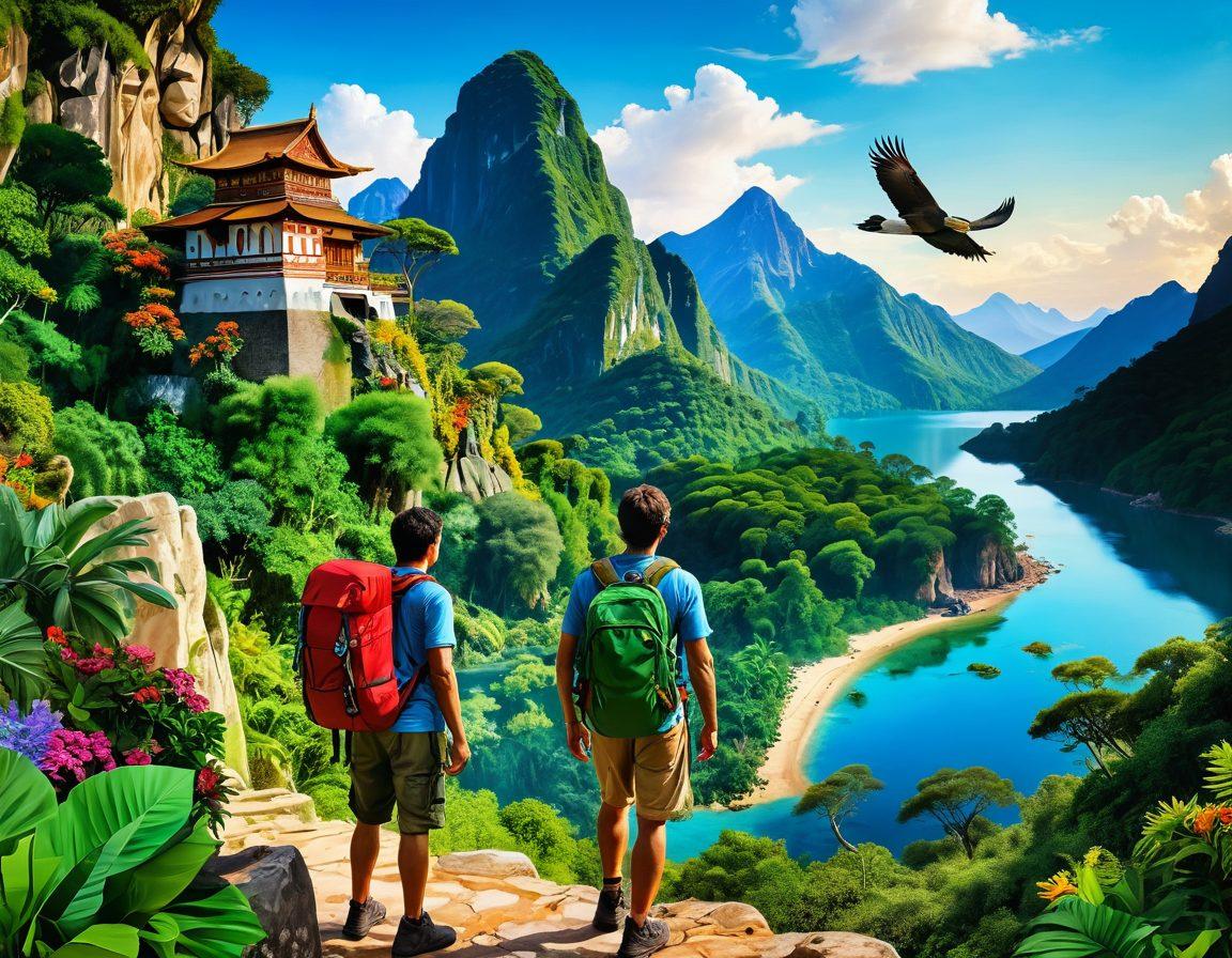 A breathtaking landscape depicting a lush, green wilderness intertwined with vibrant cultural landmarks from around the world, including traditional architecture and local wildlife. In the foreground, a curious globetrotter, equipped with a backpack, marvels at the scenery. Bright skies and diverse flora enhance the adventurous spirit of exploration. super-realistic. vibrant colors. white background.
