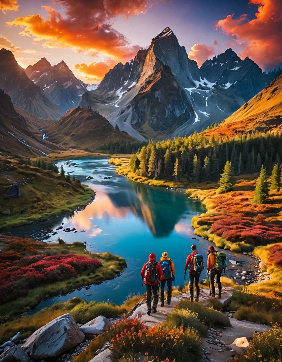 A breathtaking landscape featuring a mountain range with dramatic peaks, lush valleys, and a winding river, showcasing diverse travel adventures. Include a group of adventurers hiking, with backpacks and cameras, capturing the essence of exploration. The sky should display a vibrant sunset with fiery colors, inspiring a sense of wanderlust and excitement. super-realistic. vibrant colors. scenic background.